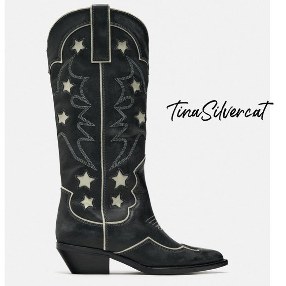 BLOGGER'S FAVE! Zara Star Leather Cowboy Boots NWT - Picture 5 of 17